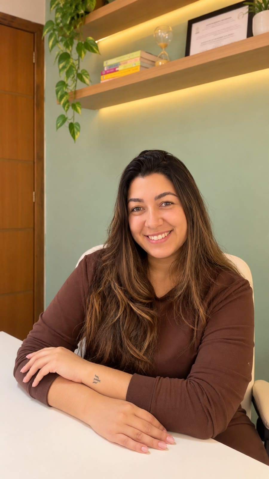 Tamiris Motta sentada em sua sala de atendimento